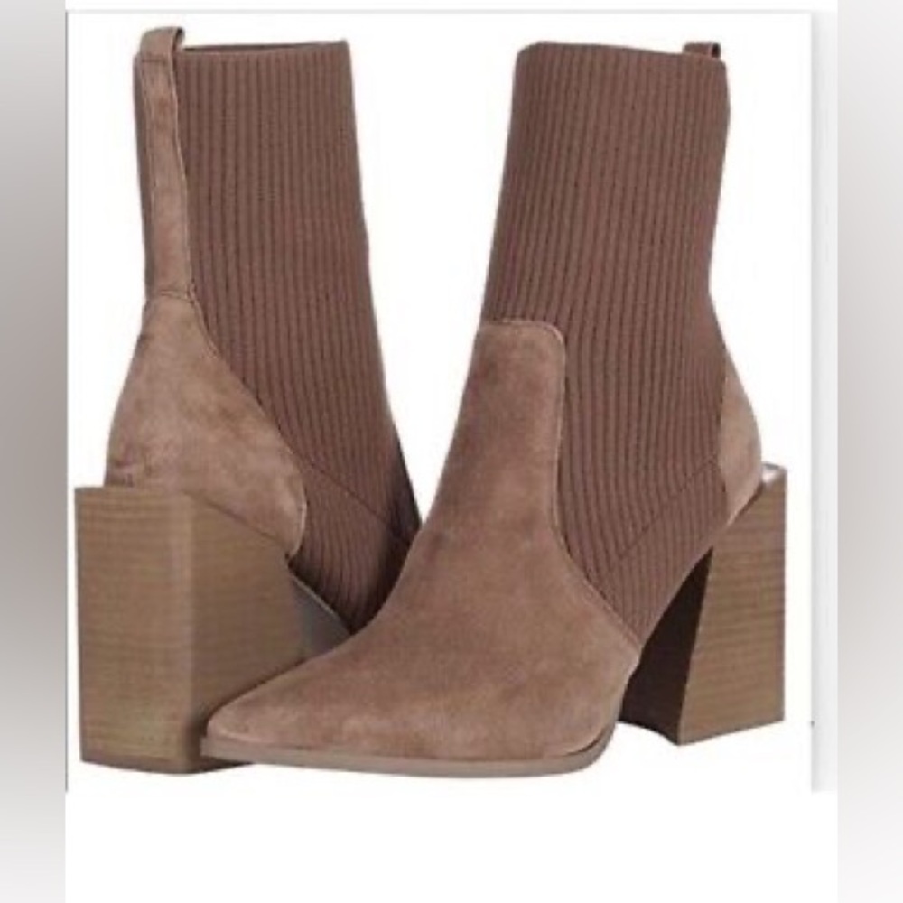 Steve Madden Womens Tackle Block Heel Knit Taupe Suede Boot
